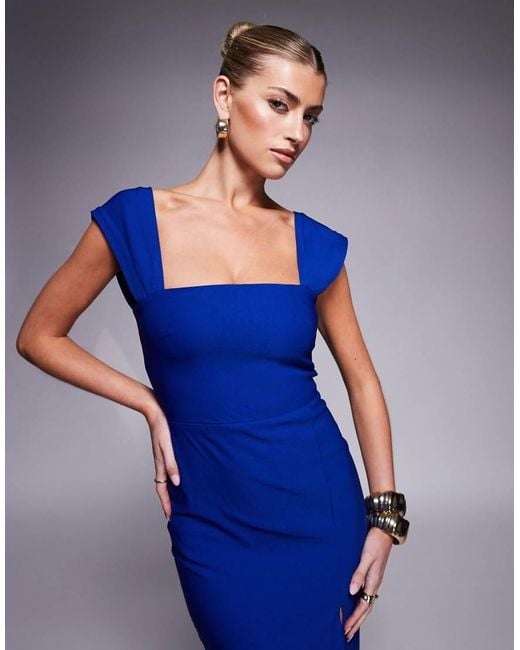 Vesper Blue Bengaline Square Neck Thigh Split Midi Dress