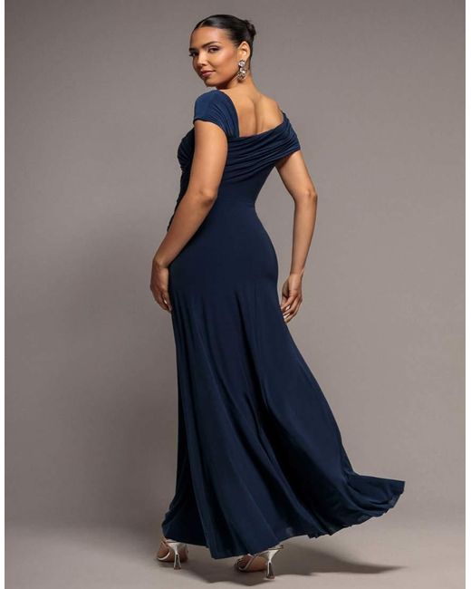 Goddiva Blue Asymmetric Neck Gathered Waist Maxi Dress