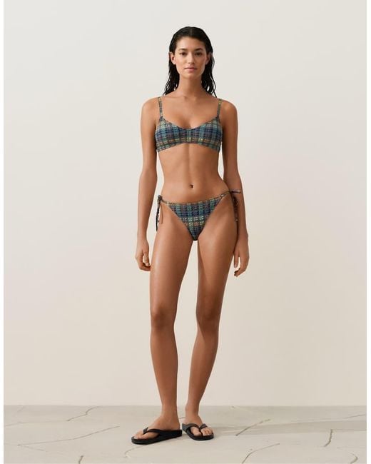 Oysho Green Textured Check Medium-coverage Bikini Briefs With Ties