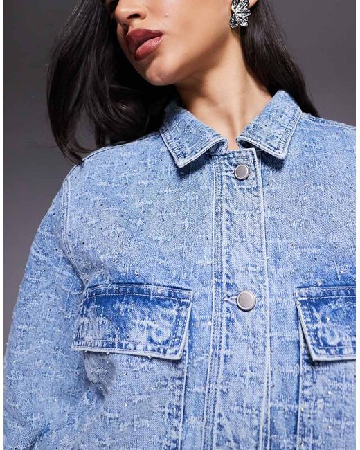 GOOD AMERICAN Blue Distressed Rhinestone Denim Jacket