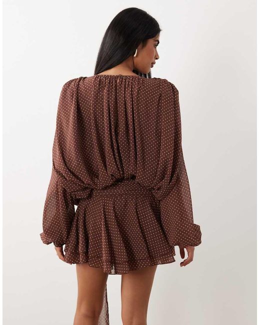 Lioness Elements Chiffon Drape-detail Balloon-sleeve Tie-waist Mini Dress in Brown