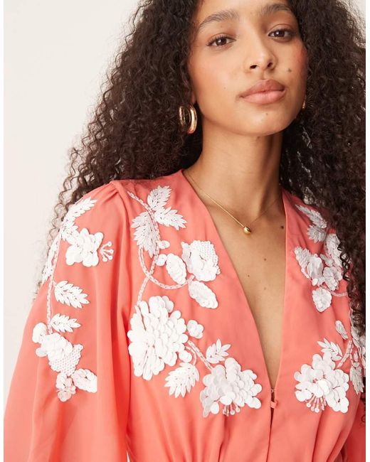 Hope & Ivy Pink Plunge Front Embellished V-neck Maxi Dress