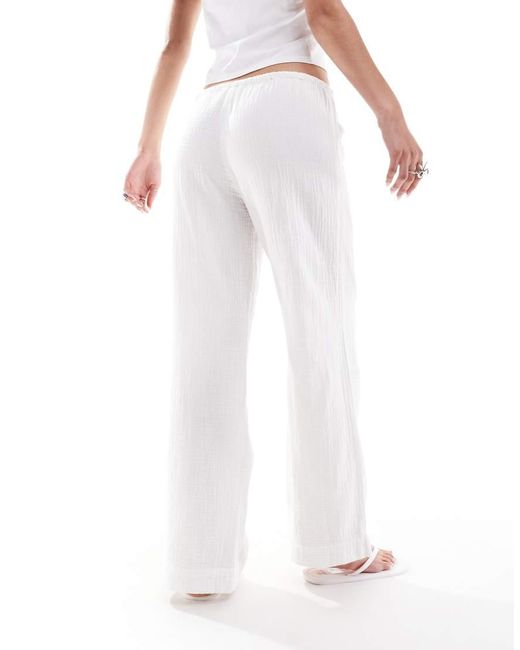 Monki White Wide Leg Pull On Textured Trousers