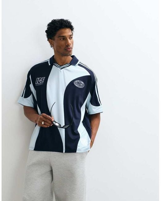 CERNUCCI Blue V-neck Collar Panel Logo Soccer Jersey for men