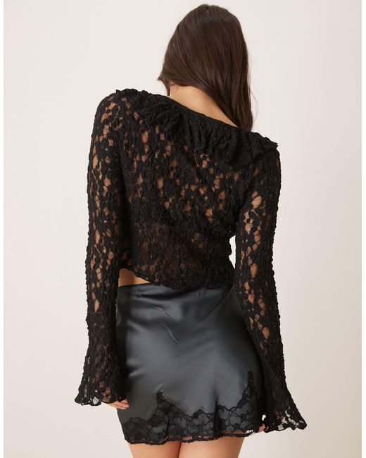 ASOS Black Tie Front Ruffle Detail Textured Lace Top