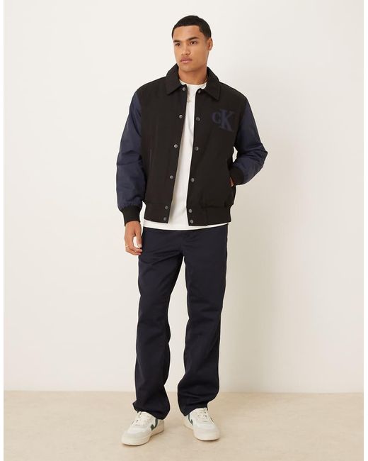 Chaqueta Bomber Negra Y Azul De Estilo Universitario De Algodón De Calvin Klein de hombre de color Black