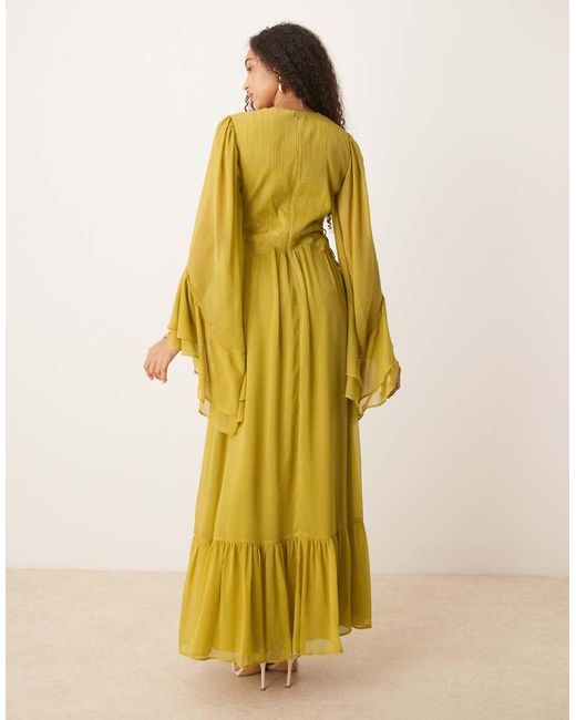 ASOS Yellow Long Sleeved Chiffon Maxi Dress With Cross Stitch Waist Detail