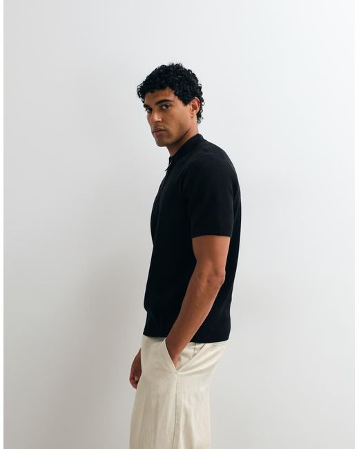 ASOS Black Essential Knitted Cotton Blend Zip Polo for men