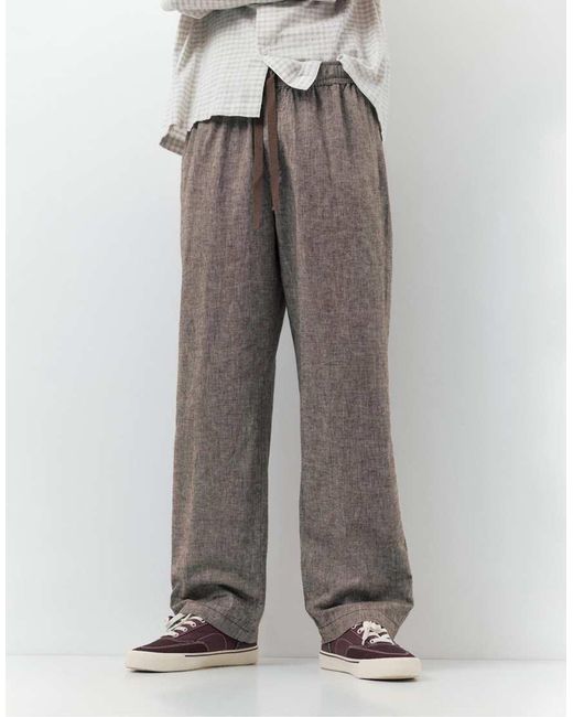 Pull&Bear Gray Linen Blend Trousers for men