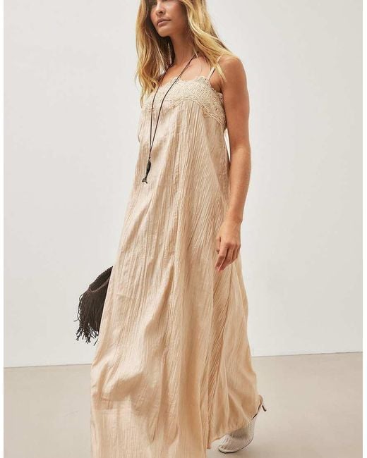 NA-KD Brown Crinkle Lace Detail Maxi Dress