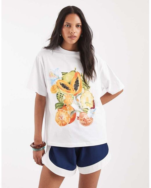ASOS White Drop Shoulder T-shirt With Beaded Fruit Graphic