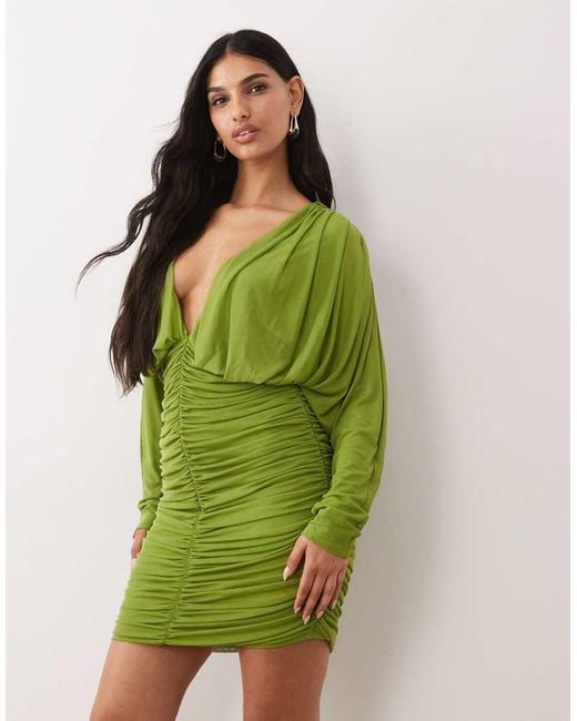 ASOS Green Mesh Long Sleeved Deep Plunge Ruched Mini Dress