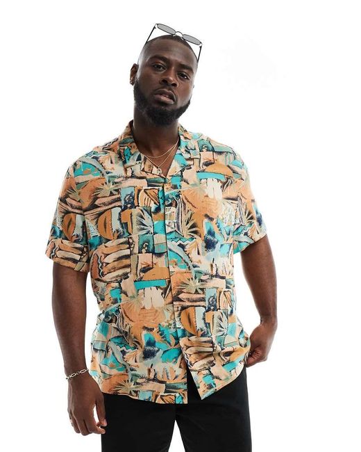 ASOS Blue Relaxed Revere Shirt With Vintage Abstract Hawaiian Print for men