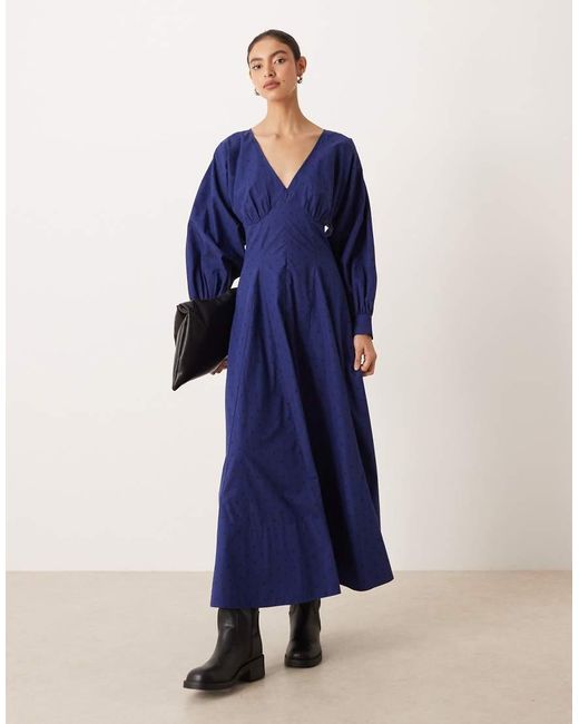 ASOS Poplin Maxi-Jurk Met Lange Mouwen En V-Hals in het Blue
