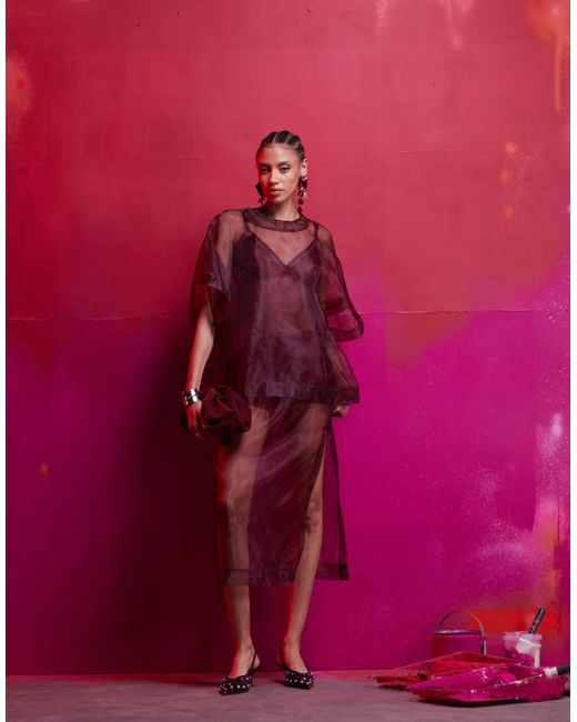 Vestido Lencero Midi Estilo Camiseta De Corte Cuadrado Con Diseño Efecto 2 En 1 De Organza De -Rojo ASOS de color Pink