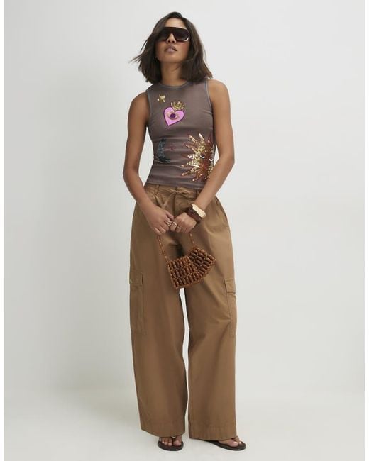 River Island Brown Cotton Blend Embellished Sun Tank Top