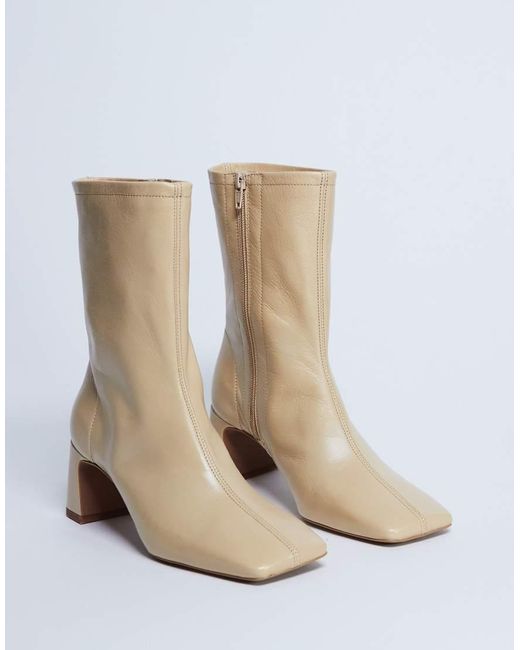 TOPSHOP Natural Sara Premium Leather Square Toe Flared Heel Boots