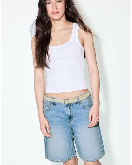Stradivarius Blue Belted Denim Bermuda Shorts