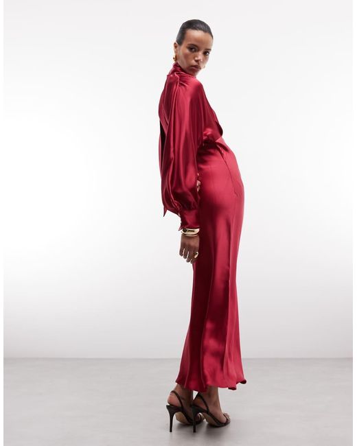 & Other Stories Red Satin Maxi Dress With Volume Sleeves And Detachable Scarf