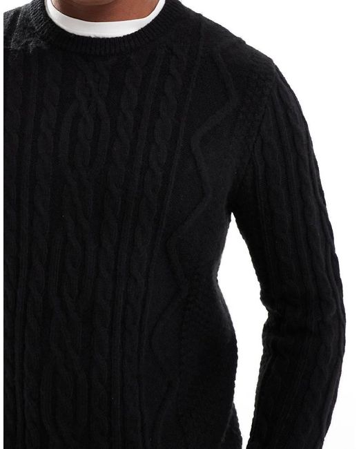 ASOS Black Heavyweight Cable Knit Crew Neck Jumper for men