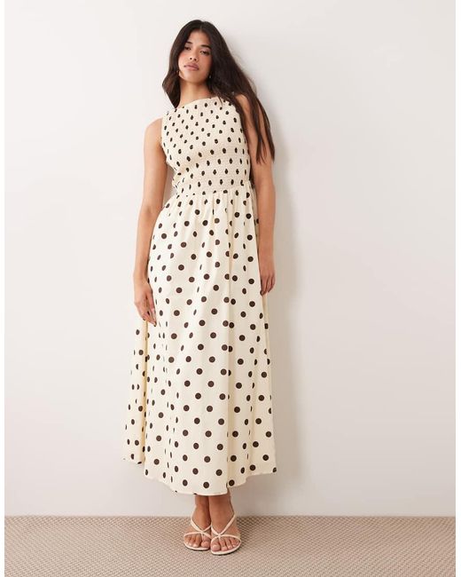 Kaiia White Exclusive Cotton Slashneck Shirred Bodice Maxi Dress