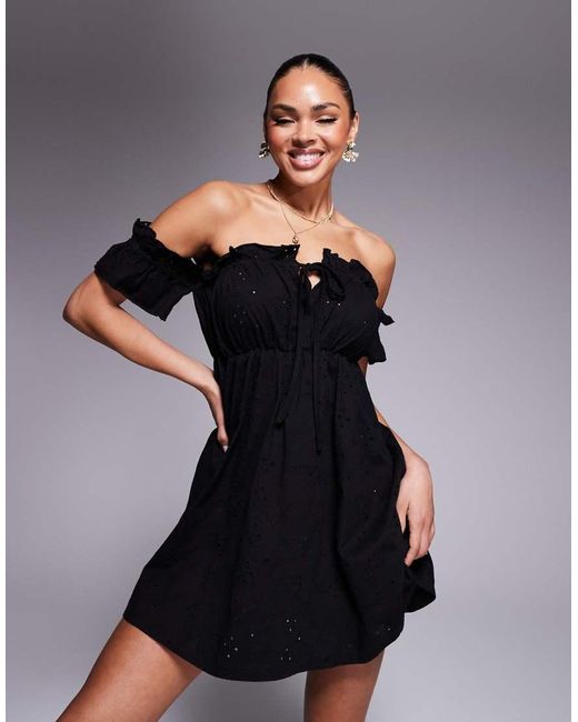 ASOS Black Broderie Frill Bardot Mini Dress