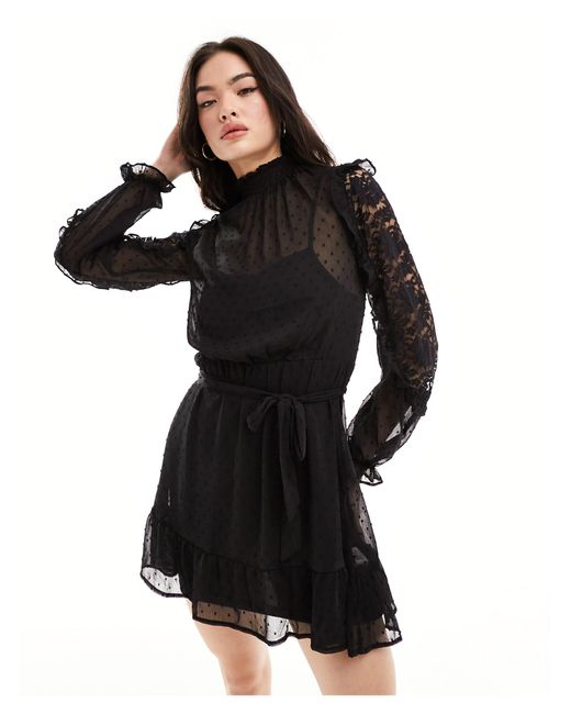 New Look Black Long Sleeve Ruffle Detail Chiffon Mini Dress