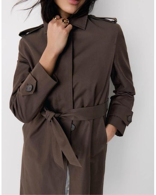 Stradivarius Brown Long Single-breasted Trench Coat