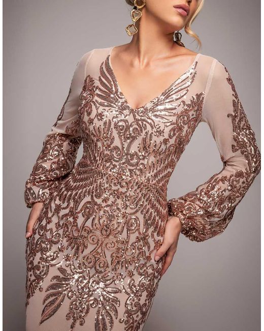 Goddiva Metallic Embellished Sequin Bishop Sleeve Maxi Dress