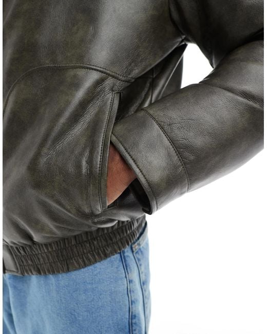 ASOS Gray Faux Leather Bomber Jacket With Contrast Borg Collar for men