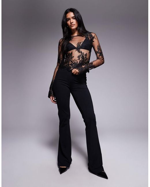 ASOS Black Embroidered Long Sleeve Sheer Scalloped Hem Top