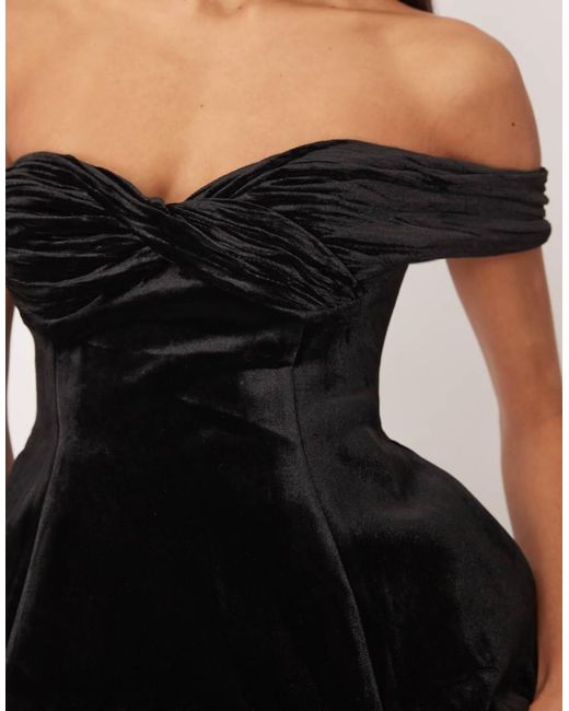 ARRANGE Natural Velvet Off Shoulder Maxi Dress With Ruched Bodice And Column Skirt