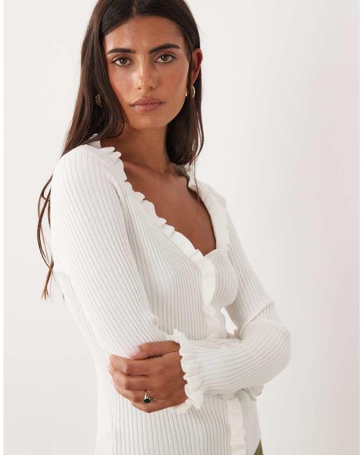 Mango White Frill Detail V Neck Cardigan