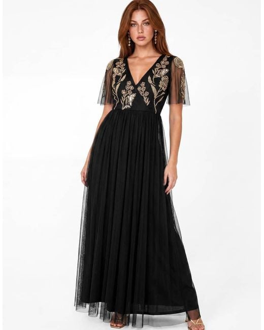 Maya Black Floral Embellished Faux Wrap Tulle Maxi Dress