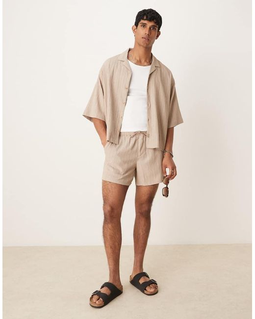ASOS Natural Co-ord Textured Boxy Oversized Revere Shirt for men