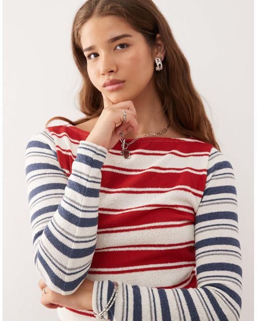 Reclaimed (vintage) Red Soft Knit Spliced Stripe Long Sleeve Top