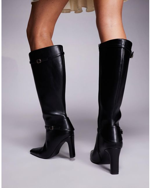 Public Desire Black Poppy Heeled Knee Boots With Buckle Detail