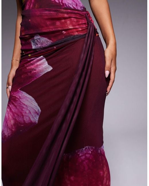 Kaiia Purple Exclusive Double Layered Slinky Mesh Bandeau Tie Side Drape Detail Maxi Dress