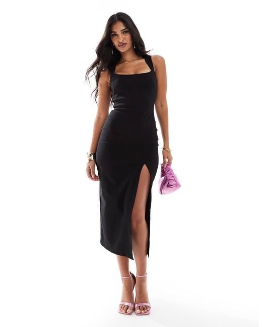Vesper Black Bengaline Square Neck Thick Strap Thigh Split Midaxi Dress