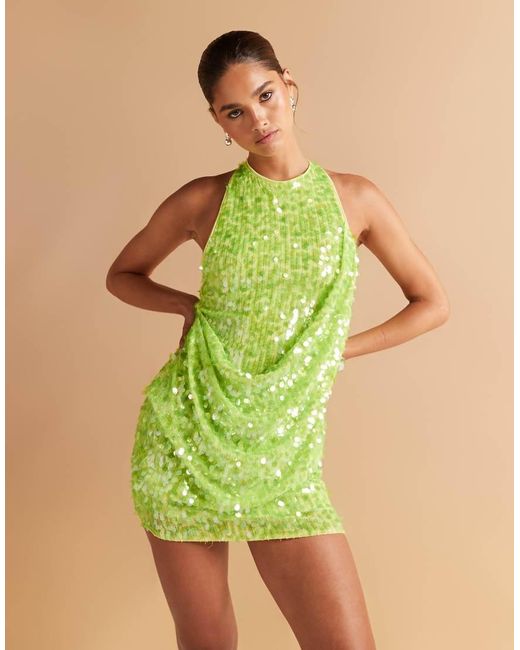 ASOS Green Embellished Sequin Draped Front Mini Dress With High Neck And Open Back