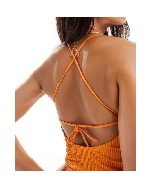 Monki Orange Mix And Match Crinkle Tie Back Swimsuit