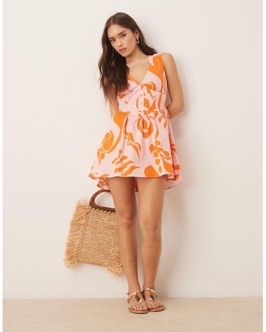 ASOS Orange V Neck Waisted Button Down Mini Dress