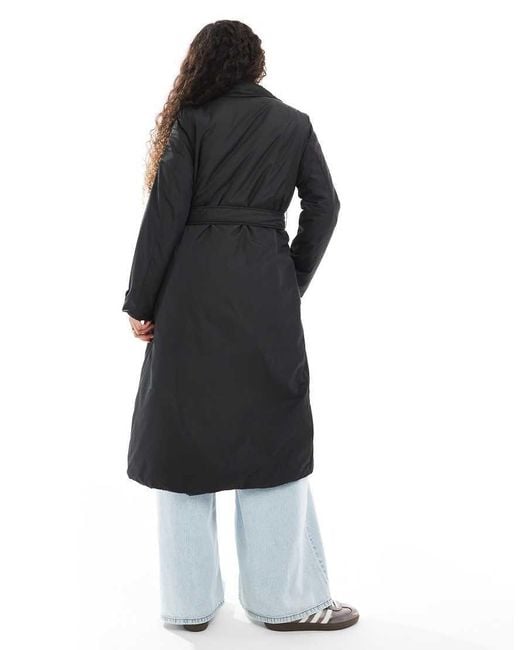 Brave Soul Black Long Double Breasted Padded Coat With Belt
