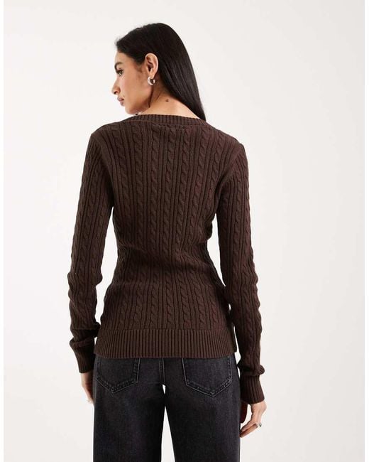 Hollister Brown Logo V Neck Cable Knit Jumper
