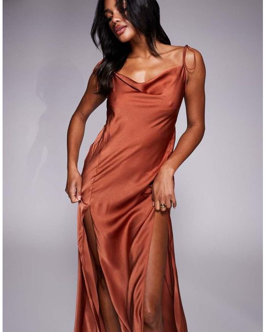 ASOS Brown Satin Tie Strap Maxi Dress With Split Detail