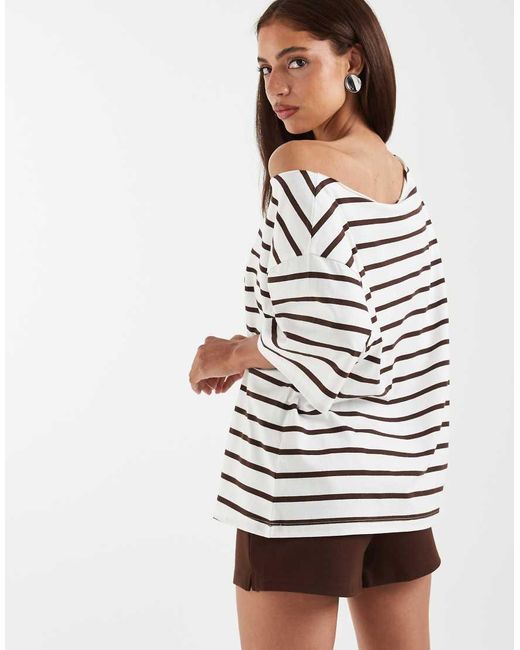 ASOS White Slouchy Off Shoulder Oversized Tee Choc & Cream Stripe