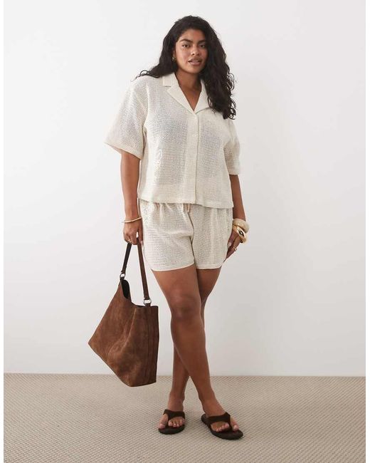 ASOS White Asos Design Curve Open Knit Revere Shirt Co-ord With Cornelli Detail