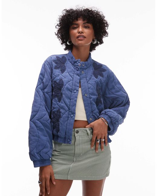 Mango Blue Quilted Embroidered Denim Jacket