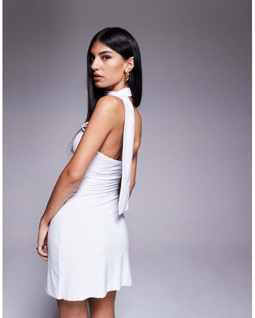 Fashionkilla White Exclusive Slinky Double Sculpted Halterneck Scarf Detail Mini Dress
