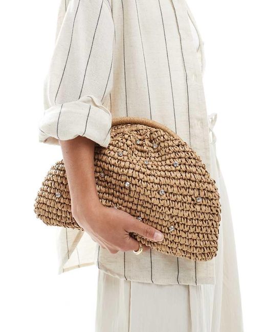 New Look White Raffia Embellished Clutch Bag